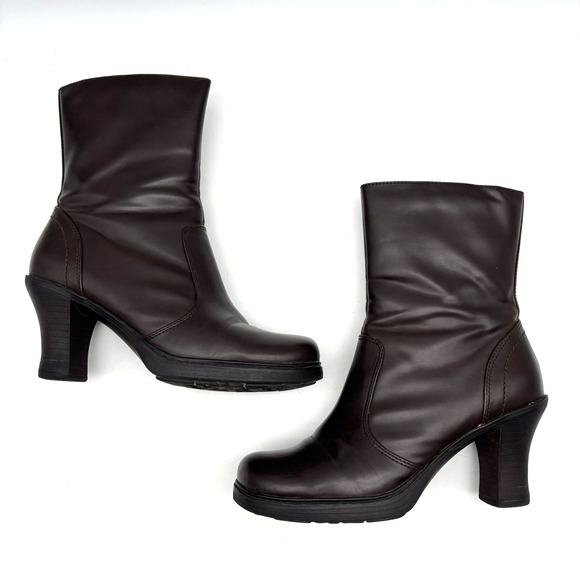 Vintage 00s Y2K Mudd 'CHARLOT' Brown Faux Leather Block Heel Mid Calf Boots 9M - Picture 12 of 16